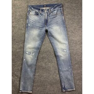 GAP Jeans Mens 30x32 Blue Skinny Distressed Paint Splatter Ripped Denim